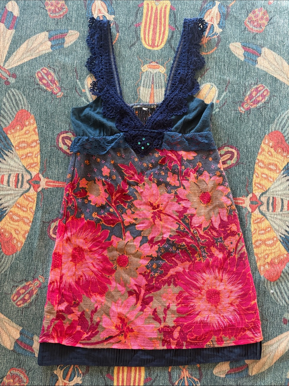 Vintage Free People Floral Lace-Trim wool & cotton gauze dress 6